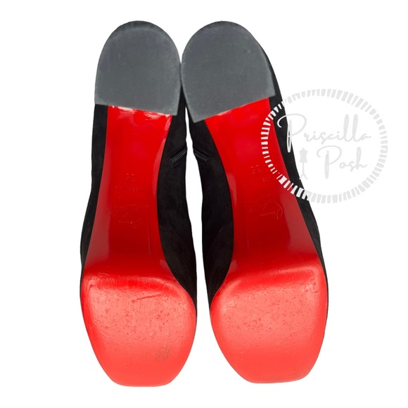 Christian Louboutin black suede platform ankle boot block heel square toe retro - Picture 12 of 16